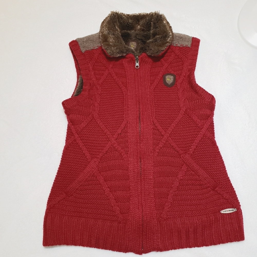 Spieth & Wensky Cable Knit Reversible Vest Faux Fur Red & Brown Women's Small